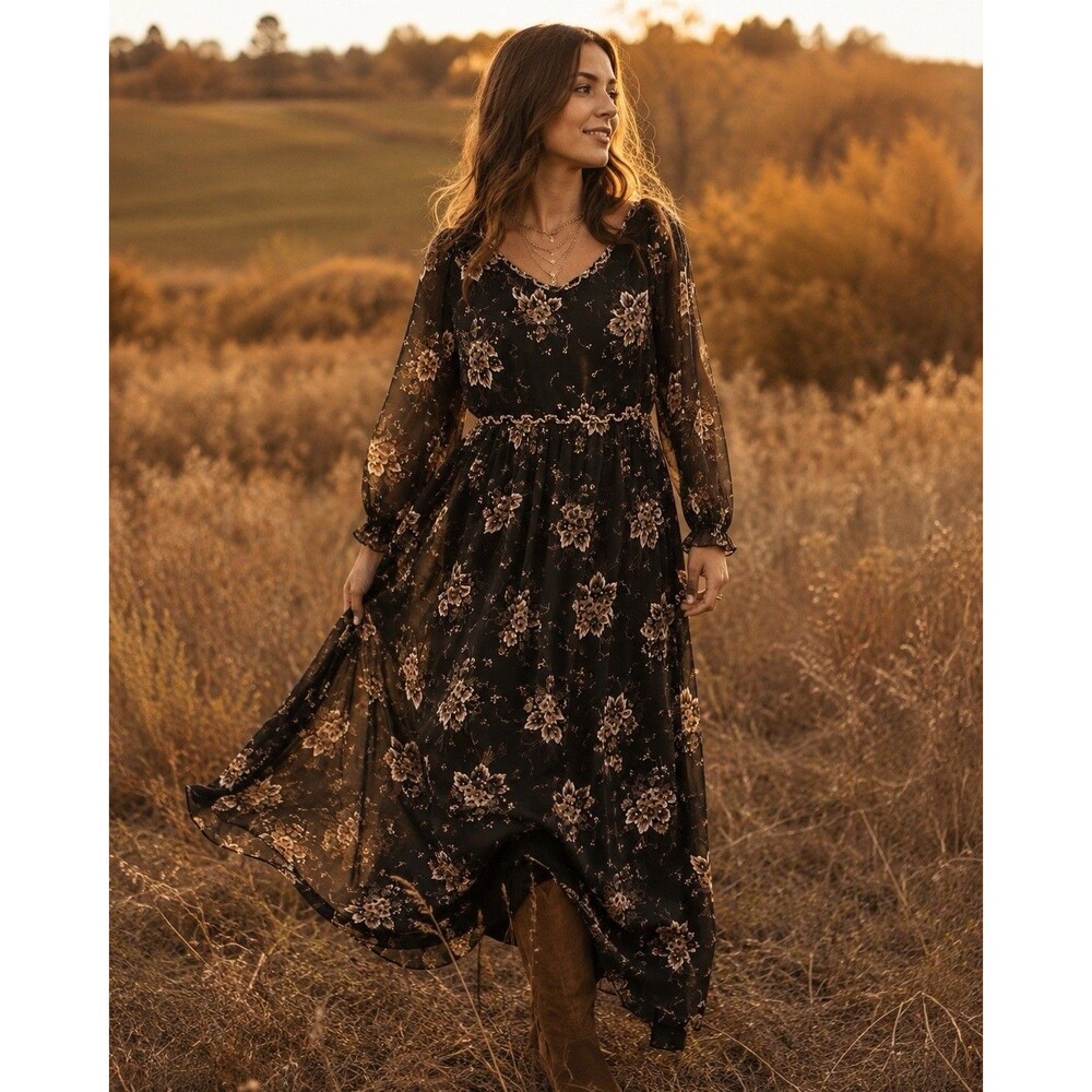 Vintage Handmade Black Gold Floral Maxi Dress Lined Sheer Sleeve Gown 60” L .